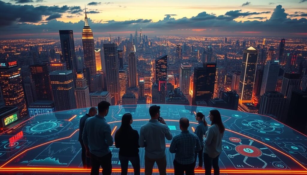 A bustling cityscape at dusk, neon-lit skyscrapers casting long shadows across a network of holographic displays and animated data visualizations. In the foreground, a group of individuals gathered around a sleek, futuristic interface, deeply immersed in the intricate workings of "Fund Orbit," a cutting-edge decentralized finance platform. The scene is bathed in a warm, ethereal glow, conveying the sense of innovation and possibility that defines the world of DeFi yield farming. Sleek, high-tech devices and stylized infographics fill the middle ground, while in the background, a sprawling metropolis hums with the energy of a thriving, tech-driven economy.