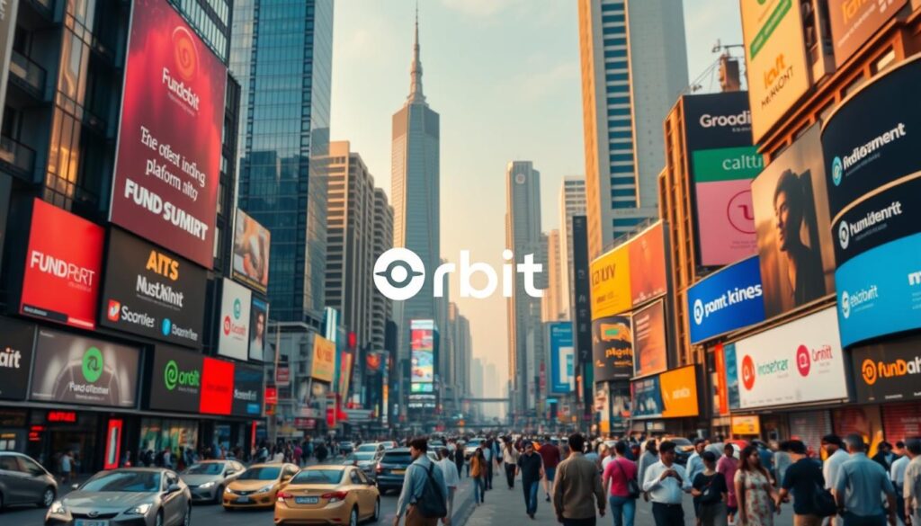 A bustling cityscape of modern high-rise buildings and vibrant billboards showcasing the thriving Indian investment landscape. In the foreground, the prominent "Fund Orbit" logo stands tall, reflecting the growing popularity of this innovative investment platform. Mid-ground features traders and investors navigating the dynamic financial markets, dressed in a mix of traditional and contemporary attire. The background is filled with a diverse array of other investment platforms, each with their unique branding and presence. The scene is illuminated by a warm, golden light, creating a sense of energy and optimism surrounding the Indian investment ecosystem.