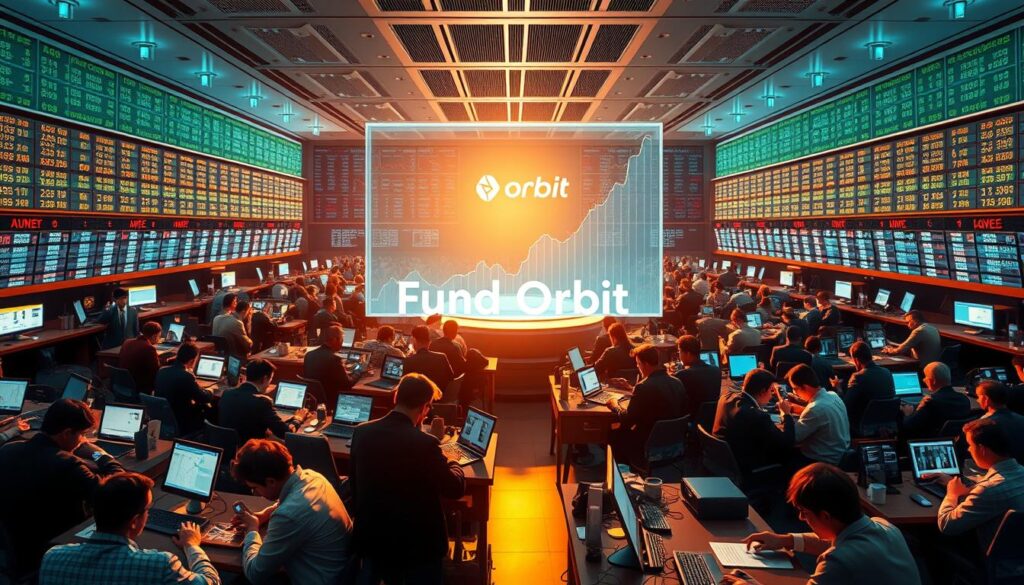 A bustling stock exchange floor, with retail investors huddled around their laptops and smartphones, eagerly scrutinizing charts and graphs. The room is awash in a warm, golden glow, casting a sense of energy and anticipation. In the center, a large holographic display showcases the meteoric rise of cryptocurrency trading volumes, driven by the fervent activity of the individual investors. The Fund Orbit logo stands prominently, reflecting the growing influence of this new class of market participants. Across the scene, a palpable sense of excitement and determination fills the air, as these empowered individuals shape the future of the digital asset landscape.
