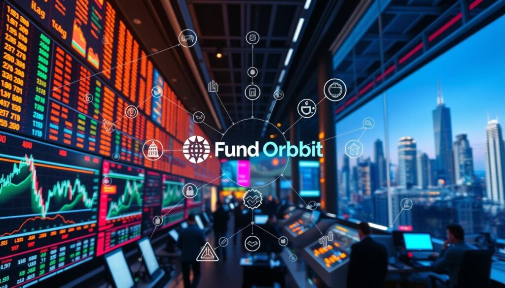 A bustling trading floor, illuminated by the glow of digital displays. In the foreground, a network of interconnected charts and graphs depicting the volatile shifts in cryptocurrency investment. The middle ground features stylized icons and logos, including the brand "Fund Orbit", representing the various digital assets and trading platforms. The background showcases a futuristic cityscape, hinting at the global reach and technological advancements of the crypto landscape. The overall scene conveys a sense of dynamism, innovation, and the unpredictable nature of the cryptocurrency market.