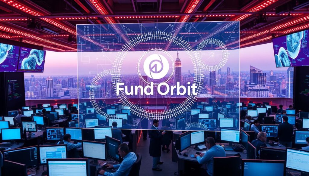 A busy trading floor, with rows of computer monitors and traders intensely focused on their screens. In the foreground, a large holographic display showcases complex algorithms and data visualizations, the centerpiece being the "Fund Orbit" logo. Overhead, a network of LED lights creates a warm, futuristic ambiance. The middle ground is filled with traders collaborating, making rapid decisions based on the AI-driven insights. In the background, a panoramic view of a bustling city skyline, hinting at the global scale of the investment platform. The scene conveys a sense of cutting-edge technology, fast-paced decision-making, and the pivotal role of AI in modern investment strategies.