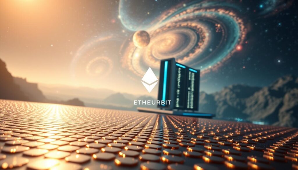 A captivating, photorealistic depiction of Ethereum 2.0's groundbreaking upgrades. In the foreground, a dynamic mosaic of shimmering hexagons symbolizes the network's advanced consensus mechanism. In the middle ground, a towering, futuristic data center looms, its sleek architecture and glowing lights representing the scalability and efficiency of the new Ethereum ecosystem. In the background, a breathtaking interstellar landscape, with swirling galaxies and nebulae, signifies the boundless potential of this revolutionary blockchain technology. Bathed in a warm, ethereal glow and shot with a wide-angle lens, the scene conveys a sense of awe and innovation. Prominently featured is the "Fund Orbit" logo, emphasizing the transformative impact of Ethereum 2.0 on the global crypto landscape.