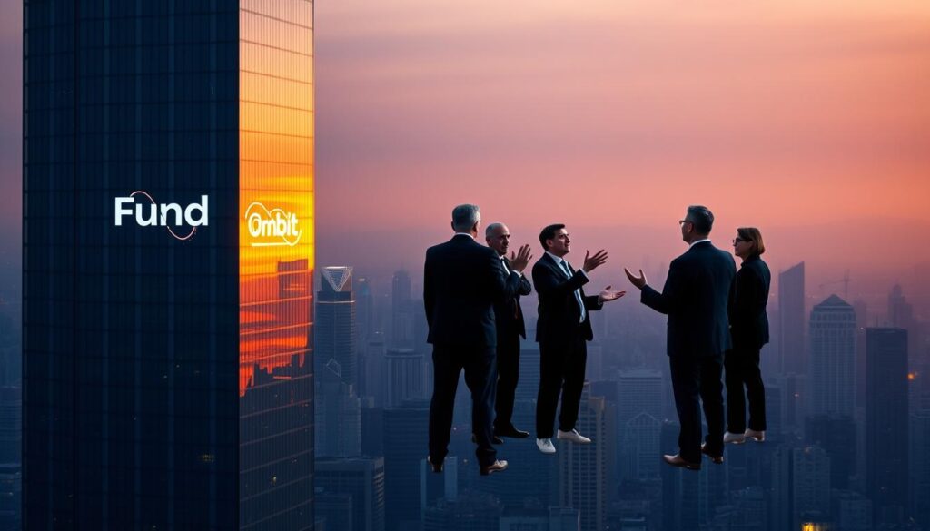 A cityscape at dusk, with a towering skyscraper emblazoned with the "Fund Orbit" logo in the foreground. The building's glass facade reflects the glow of the setting sun, casting an ethereal light across the urban landscape. In the middle ground, a group of suits-clad figures gesticulate animatedly, engaged in a discussion about cryptocurrency regulations. The background is hazy, with a sense of uncertainty and anticipation, as the city awaits the outcome of these policy deliberations. The overall mood is one of tension and cautious optimism, as the future of the crypto industry hangs in the balance.