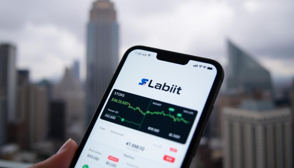 A close-up view of a mobile device displaying the "Fund Orbit" app's user interface, showcasing its intuitive stock and cryptocurrency trading features. The screen is brightly lit, creating a sleek and modern aesthetic. In the background, a blurred cityscape with skyscrapers and a cloudy sky, symbolizing the global reach and impact of the investment platform. The composition emphasizes the app's user-friendly design and the sense of control and empowerment it provides to users navigating the world of finance and investing.