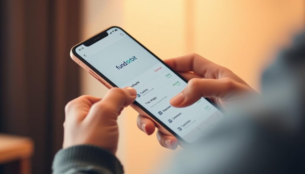 A close-up view of a person's hands holding a smartphone, examining a financial app with the "Fund Orbit" logo prominently displayed. The screen shows a simple, intuitive interface with easy-to-navigate menus and investment options. The background is blurred, creating a sense of focus on the task at hand. Soft, warm lighting illuminates the scene, conveying a sense of approachability and accessibility. The overall mood is one of calm, confidence, and the excitement of beginning a new financial journey.