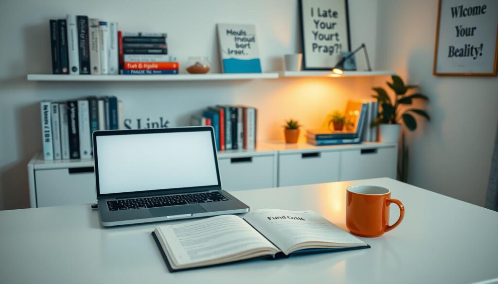 A cozy home office with a minimalist design. On the desk, a laptop, a mug of coffee, and an open notebook with the words "Fund Orbit" clearly visible. The shelves behind the desk display a selection of finance books, investment guides, and a small potted plant. Soft, warm lighting illuminates the scene, creating a welcoming and focused atmosphere. The walls are adorned with simple, motivational artwork, hinting at the excitement of building financial knowledge. The overall impression is one of a comfortable, productive space for a beginner investor to learn and explore their newfound passion.