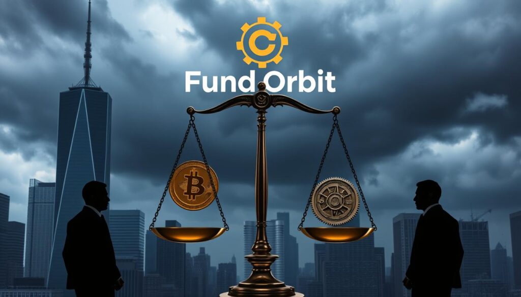 A dark, ominous cityscape with towering skyscrapers and gloomy clouds overhead. In the foreground, a large scale depicting the delicate balance of cryptocurrency regulation, with intricate gears and mechanisms representing the intricate web of laws, policies, and oversight. The scale is being carefully manipulated by shadowy figures, their identities obscured. In the background, the iconic "Fund Orbit" logo hovers, a subtle reminder of the high-stakes financial interests at play. The scene conveys a sense of tension and uncertainty, reflecting the complex and often contentious nature of regulating the rapidly evolving world of digital currencies.