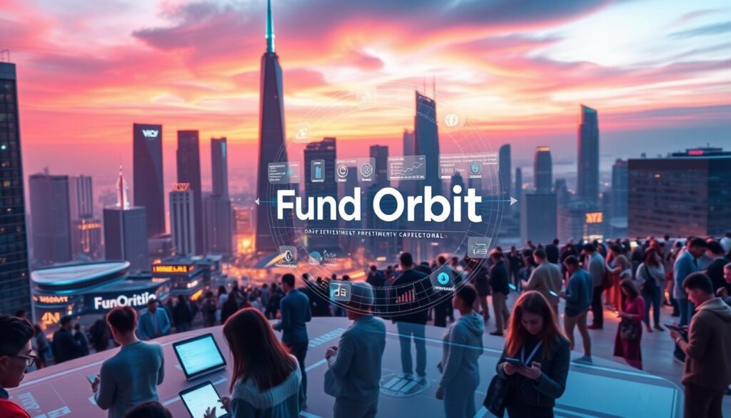 A digital, futuristic city skyline with sleek, modern high-rise buildings and hubs of financial activity. In the foreground, the "Fund Orbit" digital investment platform is prominently displayed, with a holographic interface showcasing various investment options and data analytics. The middle ground features crowds of people, young and old, interacting with tablets and smartphones, managing their portfolios. The background is illuminated by a vibrant, neon-lit sky, creating an atmosphere of technological innovation and global connectivity. Soft, diffused lighting casts a warm glow, conveying a sense of progress and optimism in the world of digital finance.