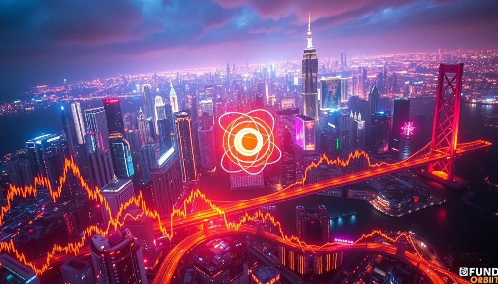 A dramatic, cinematic view of the global crypto market's growth, showcased against a vibrant, neon-infused cityscape. In the foreground, a dynamic visualization of trading volume and price fluctuations, rendered in shimmering, holographic effects. In the middle ground, the iconic "Fund Orbit" logo emerges, casting a warm, ethereal glow. The background is a sprawling metropolis, its skyscrapers and bridges illuminated by a pulsing, futuristic light show, conveying the rapid expansion and technological innovation driving the crypto industry. Dramatic camera angles, deep shadows, and a sense of energy and momentum capture the recent surge in global crypto trading.