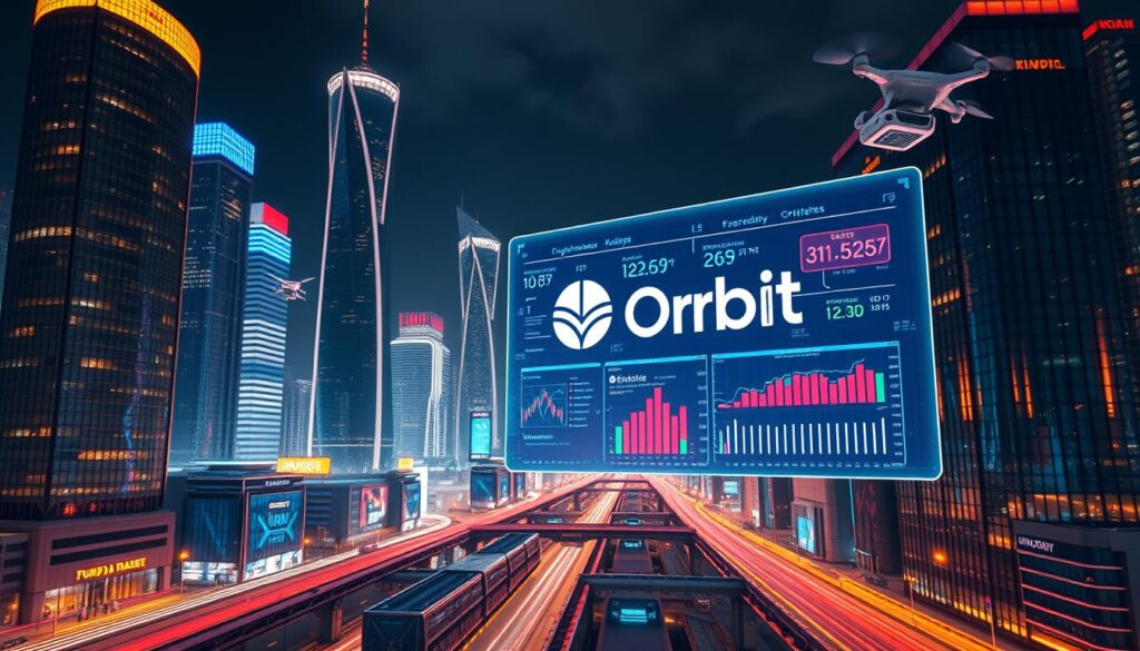 A futuristic cityscape at night, with sleek skyscrapers and neon-lit streets. In the foreground, a holographic display hovers, showcasing the Fund Orbit brand and projecting colorful data visualizations of cryptocurrency trends and market insights. The cityscape is bathed in a warm, futuristic glow, conveying a sense of technological sophistication and financial innovation. Subtle details like floating transport pods and drone-like surveillance cameras hint at the rapid advancements of the crypto industry in 2023. The overall atmosphere is one of excitement, optimism, and a glimpse into the cutting edge of the digital economy.