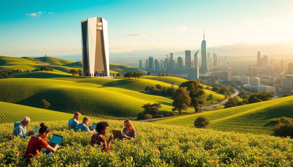 A lush, verdant landscape with rolling hills and a vibrant, sun-dappled meadow. In the foreground, a group of diverse individuals are intently engaged in DeFi yield farming, their laptops and mobile devices open as they monitor their digital portfolios. The middle ground features the towering, futuristic structure of the "Fund Orbit" DeFi platform, its sleek, angular design bathed in a warm, golden light. In the background, a cityscape of gleaming skyscrapers and bustling streets reflects the global adoption and integration of decentralized finance. The scene conveys a sense of growth, innovation, and a vision of a decentralized financial future.