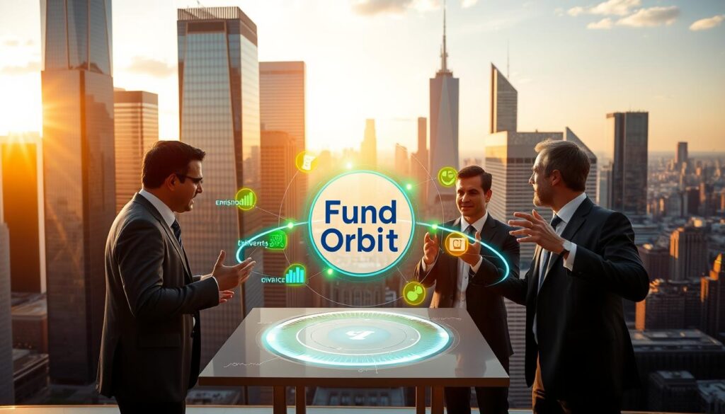A modern financial skyline with towering skyscrapers made of glass and steel, bathed in warm afternoon sunlight. In the foreground, a holographic display depicts the "Fund Orbit" logo, surrounded by glowing green, blue, and yellow data visualizations that represent the key metrics of ESG investing - emissions, diversity, and corporate governance. In the middle ground, well-dressed investors gesticulate animatedly, discussing portfolios filled with sustainable and responsible companies. The background is a vibrant cityscape, hinting at the urban dynamism that ESG-conscious consumers and businesses are helping to shape.