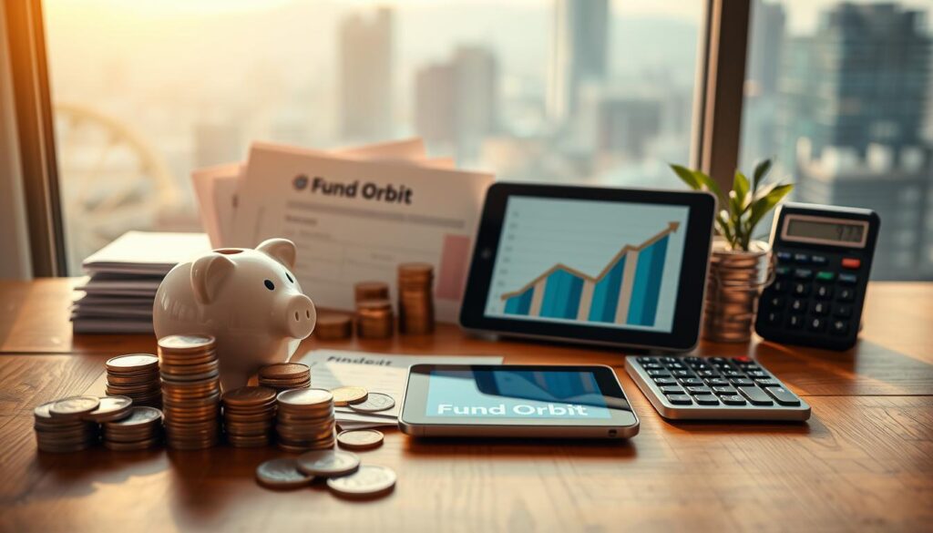 A neatly arranged display of beginner investment options on a wooden table, illuminated by warm, natural lighting. In the foreground, there are stacks of coins, a piggy bank, and a stylized graph charting financial growth. In the middle ground, various financial documents, a tablet displaying the "Fund Orbit" brand, and a calculator symbolize the analytical tools of investing. The background features a soft, blurred cityscape, hinting at the wider financial world. The overall mood is one of accessibility, education, and the promise of financial prosperity for the novice investor.
