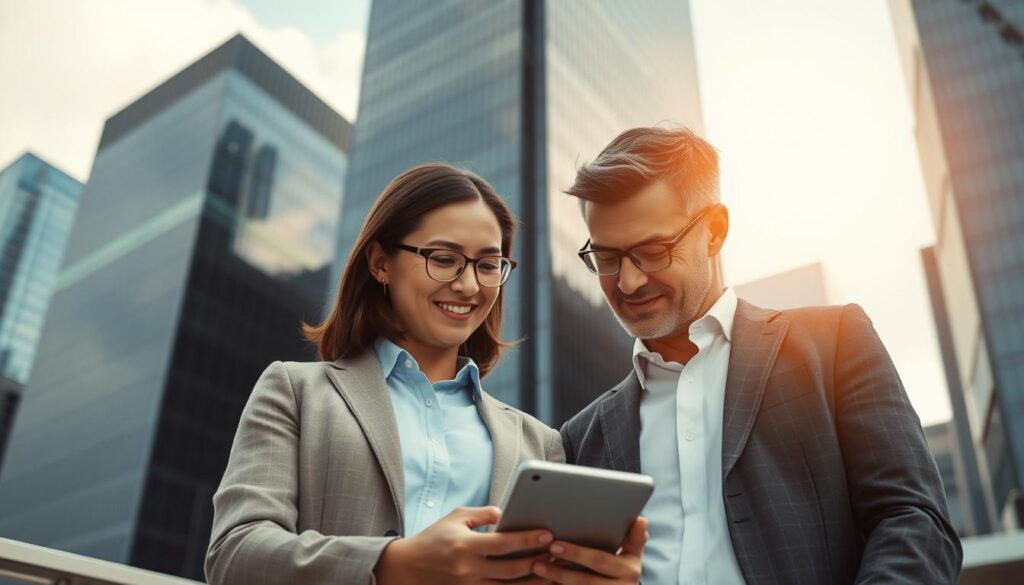 A secure and trustworthy investment platform, "Fund Orbit", stands tall against a backdrop of sleek skyscrapers. The platform's interface is elegantly designed, with intuitive navigation and robust security features. In the foreground, a financial advisor guides a client through the platform's offerings, their expressions conveying a sense of confidence and assurance. The lighting is soft and warm, creating a welcoming atmosphere. The camera angle is slightly elevated, giving a bird's-eye view of the scene, emphasizing the platform's stability and reliability. The overall mood exudes professionalism, sophistication, and a strong commitment to safeguarding investors' financial well-being.