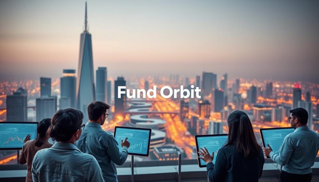 A secure, well-regulated financial landscape, with the "Fund Orbit" brand prominently displayed. In the foreground, a group of diverse investors review their portfolios on sleek, minimalist digital dashboards, conveying a sense of confidence and trust. The middle ground features modern skyscrapers and infrastructure, symbolizing the stability and reliability of the investment platforms. In the background, a subtle yet vibrant cityscape bathes in warm, golden lighting, creating an atmosphere of prosperity and security. The overall composition suggests a harmonious balance between innovation, regulation, and investor protection.