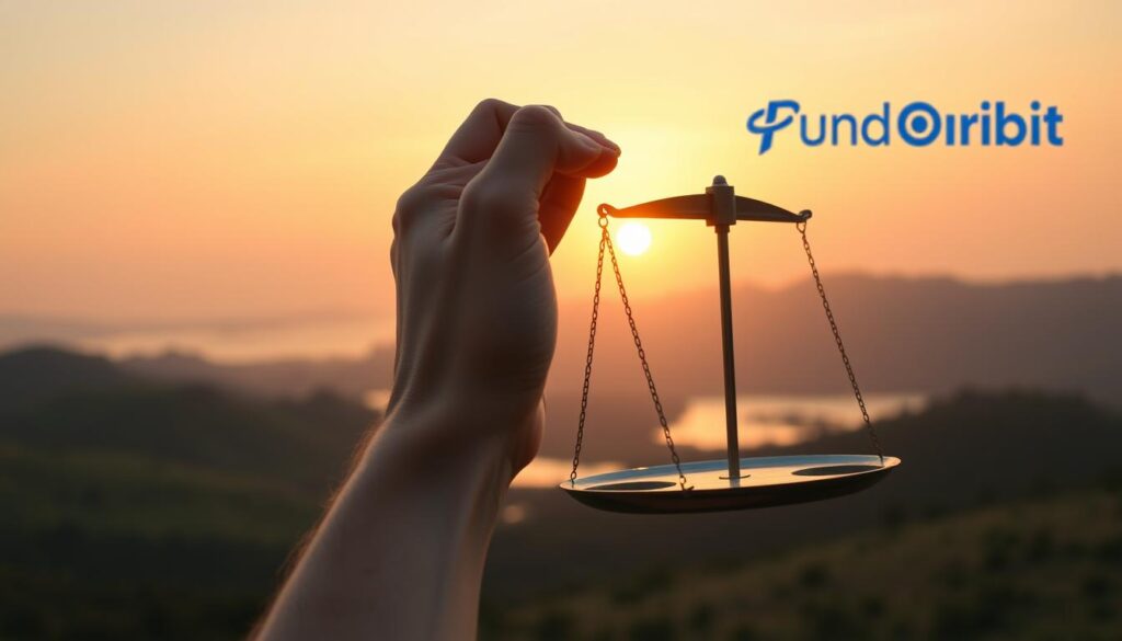 A serene and contemplative scene of a person evaluating their investment risk tolerance. In the foreground, a hand holds a balance scale, symbolizing the careful weighing of risk and reward. The middle ground features a landscape with rolling hills, a tranquil lake, and a warm sunset glow, conveying a sense of stability and long-term perspective. In the background, the Fund Orbit logo appears, subtly suggesting the platform's role in guiding investment decisions. The lighting is soft and diffused, creating a pensive atmosphere. The camera angle is slightly elevated, inviting the viewer to consider the thoughtful process of determining one's risk profile.
