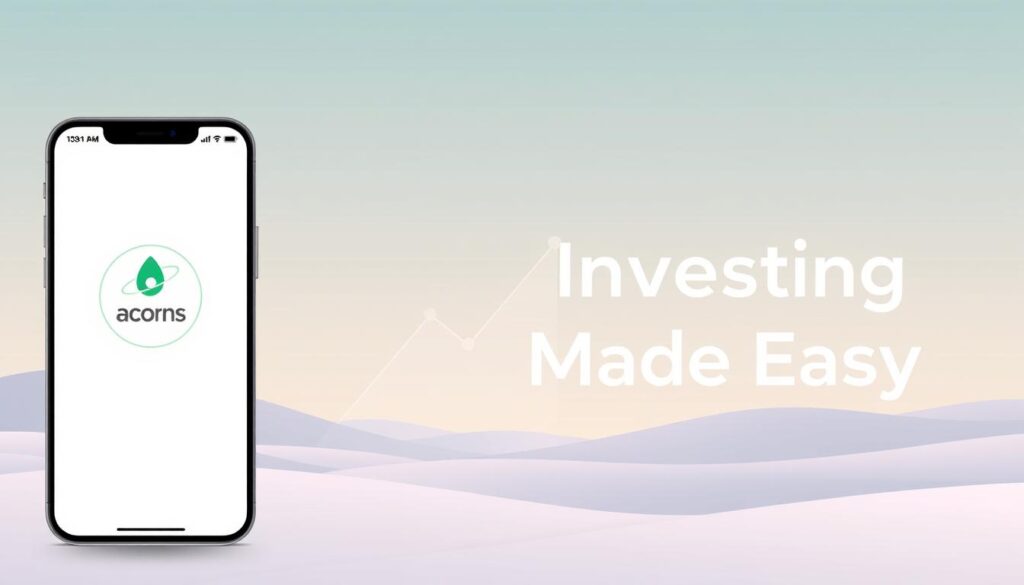 A serene and minimalist digital illustration depicting the "Acorns" investment app interface. In the foreground, a sleek mobile device showcases the clean and intuitive Acorns app design, with a prominent "Fund Orbit" logo. The middle ground features a stylized representation of investment growth, with geometric shapes and lines symbolizing financial progress. The background is a soft, gradient-based landscape, creating a calming and focused atmosphere to represent the ease and simplicity of the Acorns investing experience. The overall composition conveys a sense of financial empowerment and accessibility, in line with the "Investing Made Easy" section title.