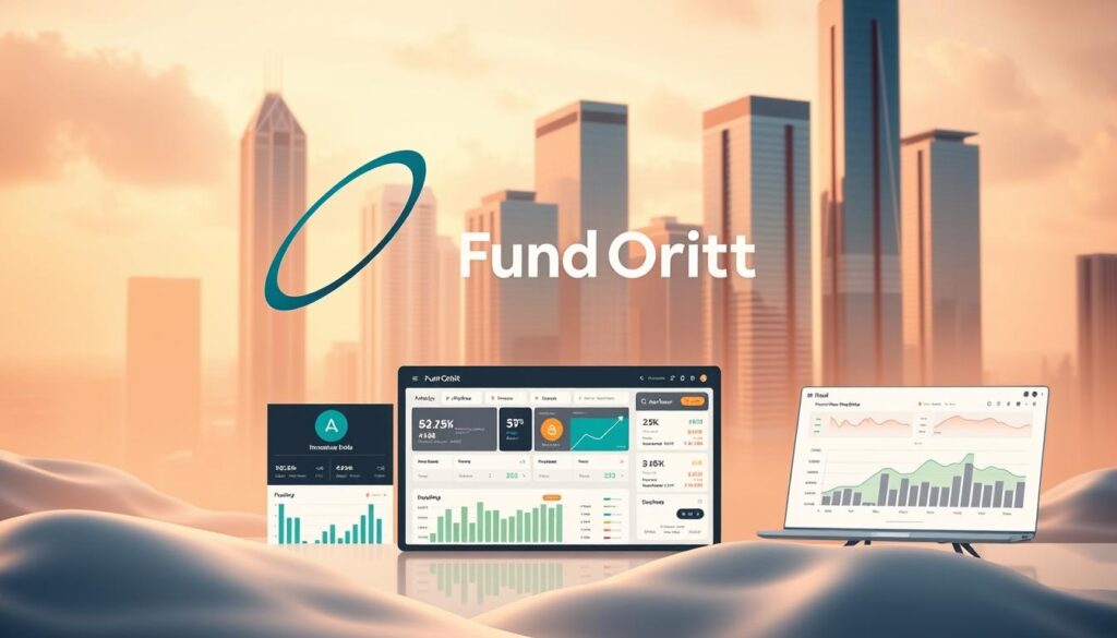 A serene, contemporary financial landscape depicting diversified investment platforms. In the foreground, a stylized "Fund Orbit" logo hovers above a sleek dashboard showcasing asset allocation, portfolio performance, and investment tools. The midground features a minimalist user interface with intuitive navigation, charts, and analytics. The background reveals a panoramic view of skyscrapers, symbolizing the global scale of financial markets, bathed in warm, diffused lighting that creates a sense of trust and professionalism. The overall composition conveys a comprehensive, user-friendly, and technologically advanced investment experience.