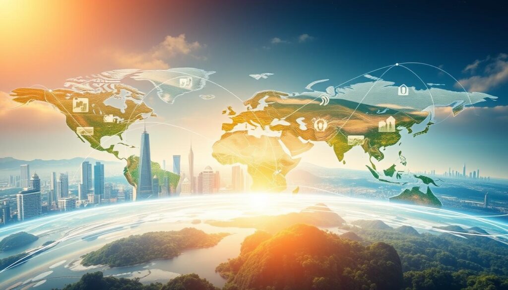 A serene global landscape, showcasing the interconnected web of passive income opportunities. In the foreground, a sleek, modern financial platform named "Fund Orbit" stands as the central focus, its intuitive interface and seamless user experience hinting at the ease of accessing diverse investment options worldwide. The middle ground features a collage of international cityscapes, bustling financial hubs, and verdant landscapes, representing the breadth of passive income streams available globally. The background is illuminated by a warm, golden glow, conveying a sense of prosperity and optimism. Cinematic lighting and a wide-angle lens capture the grandeur and scale of this vision for the future of passive income.