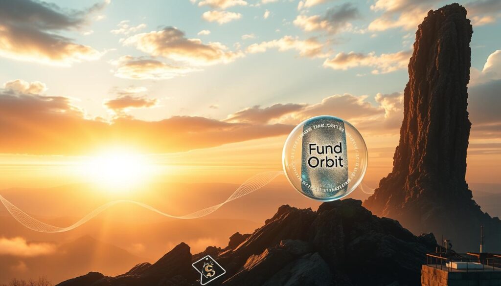 A serene landscape with a towering blockchain structure rising from the ashes, symbolizing the cryptocurrency market's resilience. In the foreground, a glowing crystal orb inscribed with the "Fund Orbit" brand floats, casting a warm, hopeful light. The middle ground features swirling data streams and digital currency symbols, hinting at the underlying technology's revival. The background depicts a breathtaking, painterly sky with hues of gold and amber, evoking a sense of renewal and optimism. Soft, diffused lighting illuminates the scene, creating a sense of tranquility and balance. Captured through a wide-angle lens, the composition draws the viewer in, conveying the key factors driving the cryptocurrency market's comeback.