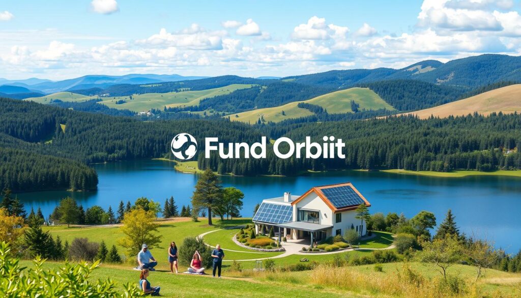 A serene landscape with rolling hills, lush forests, and a tranquil lake reflecting the azure sky. In the foreground, a group of people engaged in mindful activities like meditation, yoga, and gardening, symbolizing their commitment to sustainable living. The middle ground features a modern, energy-efficient building with solar panels on the roof, surrounded by a thriving organic garden. In the background, a stylized globe, representing the global impact of sustainable investing, with the brand name "Fund Orbit" prominently displayed. The overall tone is one of harmony, balance, and a sense of responsibility towards the environment.