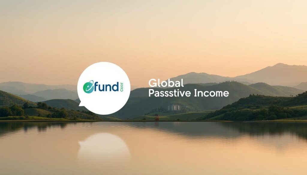 A serene, minimalist landscape depicting the concept of "Global Passive Income". In the foreground, a stylized Fund Orbit logo floats above a tranquil pond, its reflection rippling gently. The middle ground features lush, verdant hills rolling into the distance, with a few modern, geometric buildings nestled among them. The background showcases a vast, cloudless sky in soft, warm hues, creating a sense of boundless opportunity and growth. The overall mood is one of stability, harmony, and the potential for financial independence, captured through a clean, contemporary visual style and balanced composition.