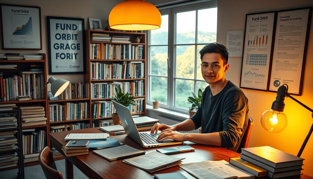 A serene study space filled with the tools of investment education. In the foreground, a young adult sitting at a wooden desk, laptop open, books and financial documents scattered around. Warm lighting from a floor lamp casts a cozy glow. On the walls, framed educational charts and diagrams about investment strategies, with the "Fund Orbit" brand prominently displayed. In the background, a bookshelf overflowing with finance and economics texts, a window overlooking a lush, peaceful landscape. The atmosphere conveys a sense of focus, learning, and the promise of financial growth and stability.