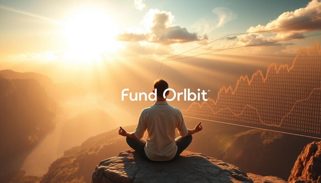 A serene, sun-drenched scene of a person meditating on a cliff's edge, overlooking a vast, shimmering cryptocurrency chart in the distance. The figure's expression conveys a sense of emotional resilience and inner peace, as the backdrop shifts from a recent market crash to a resurgent, upward-trending graph. Warm, golden lighting filters through wispy clouds, casting a hopeful glow over the "Fund Orbit" logo subtly integrated into the landscape. The overall mood evokes a journey from turmoil to tranquility, reflecting the emotional aspects of navigating the cryptocurrency market's recovery.