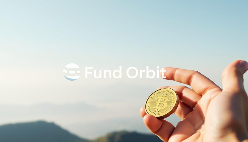 A serene, well-balanced investment portfolio with the Fund Orbit logo prominently displayed. In the foreground, a hand holding a shiny gold coin, symbolizing secure crypto investments. In the middle ground, a graph charting steady growth, flanked by icons representing diversification and risk management. In the background, a calming, minimalist landscape with a soft, diffused lighting, conveying a sense of stability and tranquility. The overall composition suggests a measured, thoughtful approach to navigating the crypto landscape.