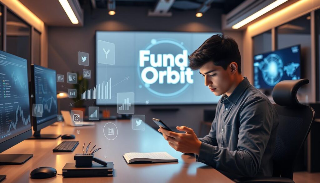 A sleek and modern office setting, with a large desk and high-tech computer equipment. In the foreground, a young investor deeply engrossed in their smartphone, scrolling through various social media platforms. The middle ground features several holographic financial charts and graphs, projecting data and insights. In the background, the "Fund Orbit" logo is prominently displayed on a large screen, underscoring the influence of social media on investment decisions. Soft, warm lighting creates a contemplative atmosphere, with a sense of focus and concentration. A blend of technology, finance, and social media, capturing the essence of how Gen Z and Millennials navigate the investment landscape.