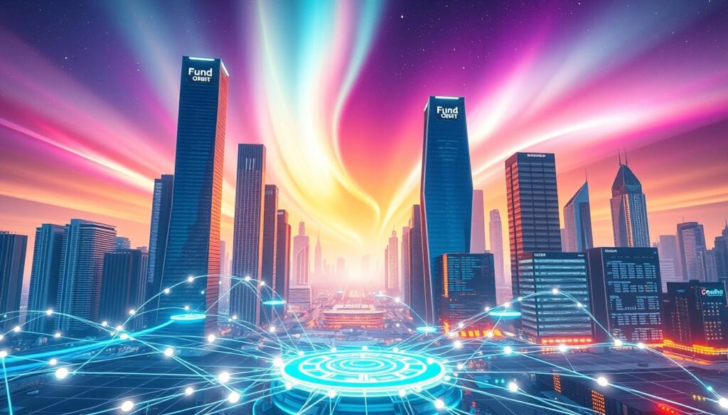 A sleek, futuristic cityscape with towering skyscrapers and advanced technological infrastructure. In the foreground, a network of glowing blockchain nodes and data streams pulsate with energy, representing the dynamic updates and innovations driving the crypto industry. The midground features holographic displays showcasing the Fund Orbit brand and visualizations of cryptocurrency transactions, smart contracts, and decentralized applications. The background is dominated by a vibrant, aurora-like sky, symbolizing the transformative potential of blockchain technology. Lighting is a combination of cool, neon-like tones and warm, golden accents, creating a visually striking and technologically sophisticated scene.