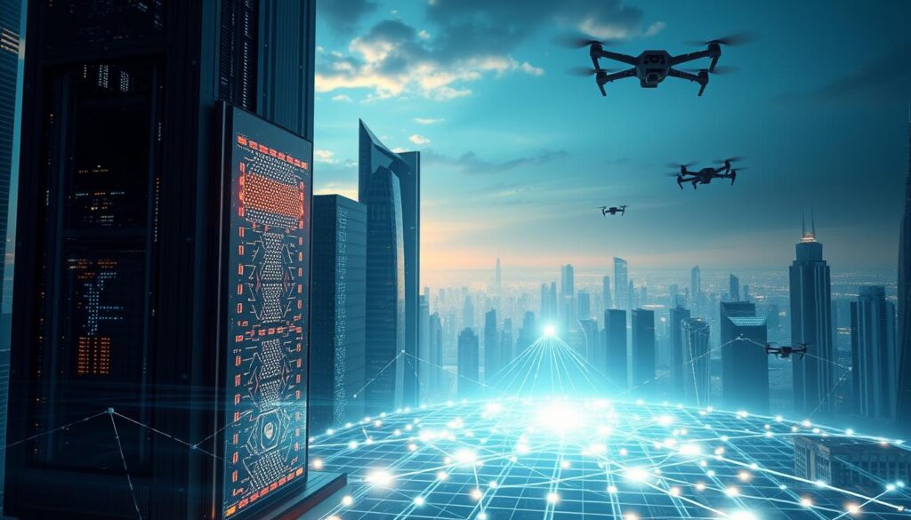 A sleek, futuristic cityscape with towering skyscrapers and glowing holograms showcasing the advanced security features of the "Fund Orbit" investment platform. In the foreground, a crystalline data center stands as the heart of the system, its pulsing lights and intricate circuits reflecting the robust encryption and real-time threat monitoring that safeguards client funds. The middle ground reveals a network of interconnected blockchain nodes, their secure transactions visualized as a shimmering, interconnected web. In the background, a panoramic view of the city skyline, with autonomous security drones patrolling the airspace, providing an additional layer of protection for the "Fund Orbit" investment ecosystem.