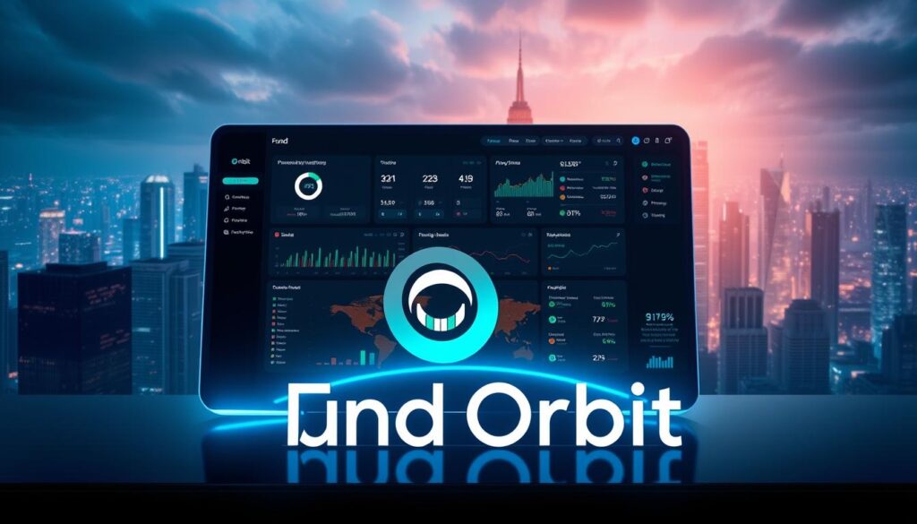 A sleek, futuristic investment platform with the brand name "Fund Orbit" depicted in the foreground. The platform features a minimalist user interface with intuitive data visualizations, advanced analytics tools, and seamless portfolio management capabilities. The middle ground showcases a diverse range of investment options, including stocks, bonds, ETFs, and alternative assets, all accessible through a cohesive and user-friendly interface. In the background, a cityscape with towering skyscrapers and a vibrant, dynamic atmosphere creates a sense of financial sophistication and global connectivity. The overall scene conveys a sense of trust, innovation, and empowerment for smart investing decisions.