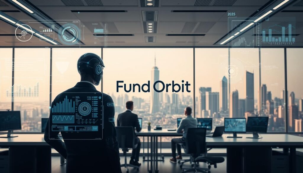A sleek, futuristic office in 2025, dominated by sophisticated robo-advisors. In the foreground, holographic interfaces display intricate financial data, algorithms swiftly processing investment strategies. In the middle ground, a team of human analysts collaborates with their AI counterparts, their workspace illuminated by subtle ambient lighting. The background showcases the iconic skyline of a bustling metropolis, hinting at the global reach of these advanced investment platforms. The brand "Fund Orbit" is prominently displayed, reflecting the seamless integration of human and artificial intelligence in this new era of investing.