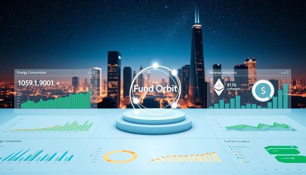 A sleek, minimalist analysis dashboard showcasing the environmental impact of digital assets like Bitcoin and Ethereum. In the foreground, a series of interactive visualizations display real-time energy consumption data, carbon emissions, and renewable energy sources. The middle ground features a 3D model of the "Fund Orbit" logo, its orbiting circles representing the interconnected cryptocurrency ecosystem. The background evokes a serene, futuristic cityscape with gleaming skyscrapers and a starry night sky, hinting at the global scale of the digital asset revolution. Lighting is crisp and directional, with a cool color palette to convey the technological nature of the scene. The overall mood is one of informed, data-driven decision making in the face of the environmental challenges posed by the cryptocurrency industry.