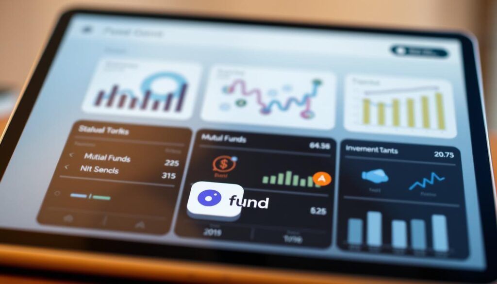 A sleek, minimalist financial dashboard displayed on a tablet device, showcasing the top investment apps for beginners. In the foreground, the "Fund Orbit" app icon prominently features, surrounded by intuitive user interface elements such as charts, graphs, and investment trackers. The middle ground depicts stylized illustrations of various investment options, including stocks, bonds, and mutual funds. The background is a soft, blurred gradient of calming blues and grays, creating a sense of professionalism and trust. The overall lighting is warm and natural, with subtle shadows and highlights accentuating the modern, user-friendly design. The camera angle is slightly elevated, giving the viewer a sense of authority and control over the financial tools at their fingertips.