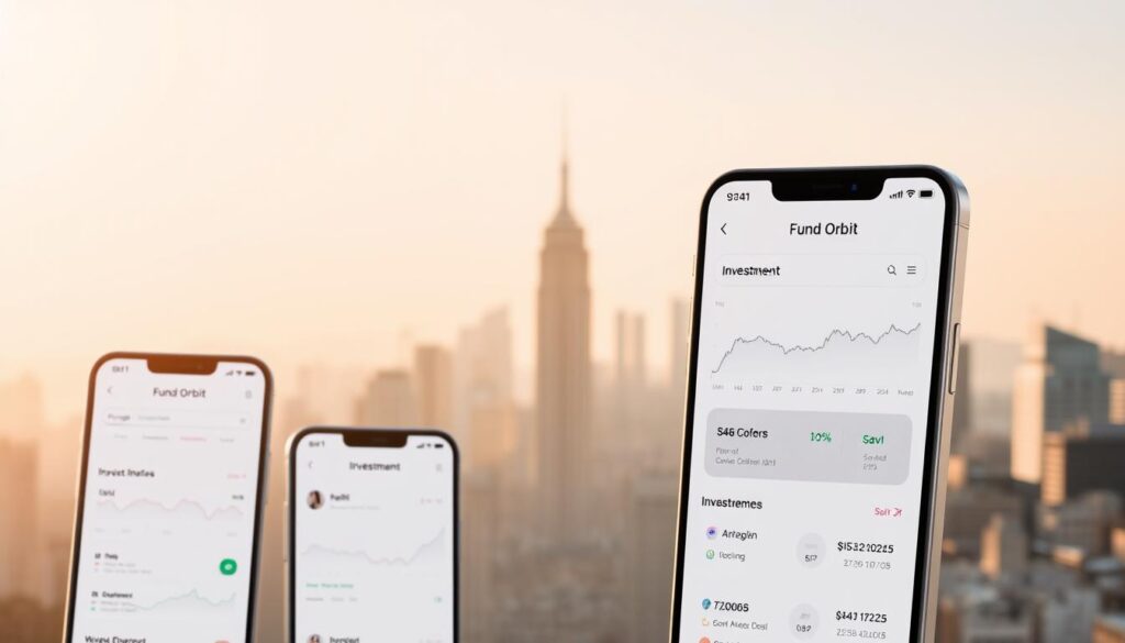 A sleek, minimalist investment app interface with the "Fund Orbit" brand prominently displayed. The foreground showcases various investment options and financial metrics, presented with clean typography and intuitive data visualization. The middle ground features a user-friendly dashboard, allowing seamless portfolio management and real-time tracking. The background depicts a subtle, elegant city skyline, conveying a sense of stability and financial security. The overall scene is bathed in warm, natural lighting, creating a calming and professional atmosphere. The composition emphasizes simplicity, functionality, and the app's ability to provide a comprehensive investment experience.