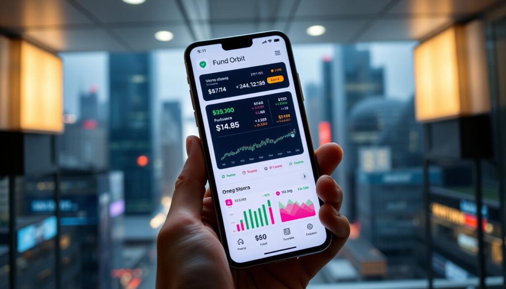 A sleek mobile app interface showcasing the "Fund Orbit" investment platform. In the foreground, a stylized smartphone display presents a clean and intuitive dashboard, with colorful charts, graphs, and icons tracking stock prices, portfolio performance, and various financial data. The middle ground features a blurred backdrop of a bustling cityscape, hinting at the global reach and connectivity of the app. Soft, diffused lighting creates a modern, professional atmosphere, while the camera angle provides an angled, dynamic perspective that draws the viewer into the digital experience. The overall mood conveys a sense of control, empowerment, and the seamless integration of finance and technology in the palm of one's hand.