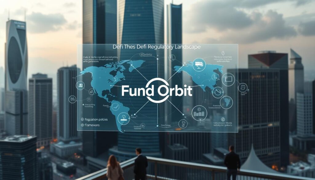 A sleek, modern cityscape with towering skyscrapers and sleek architecture. In the foreground, a holographic display showcases the "DeFi Regulatory Landscape", with data visualization elements and icons representing the complex web of global regulations, policies, and frameworks. The middle ground features the prominent "Fund Orbit" logo, surrounded by busy financial professionals navigating the digital landscape. The background is hazy, with a sense of motion and dynamism, conveying the ever-evolving nature of the decentralized finance industry. The lighting is soft, with a mix of natural and artificial sources, creating a subdued, contemplative atmosphere.