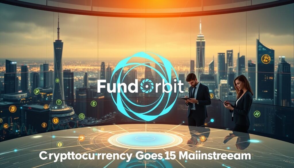 A sleek, modern cryptocurrency investment landscape with the Fund Orbit logo prominently displayed in the center. The foreground features a dynamic holographic display showcasing various digital currency symbols and fluctuating graphs, creating a sense of technological advancement. The middle ground depicts a group of professionals intently studying their tablets and discussing investment strategies, conveying the mainstream adoption of crypto. The background presents a futuristic cityscape with towering skyscrapers and a vibrant, neon-lit skyline, emphasizing the global scale and integration of this emerging financial market. The scene is illuminated by a warm, diffused lighting that casts a sense of optimism and progress, capturing the essence of "Cryptocurrency Investment Goes Mainstream".
