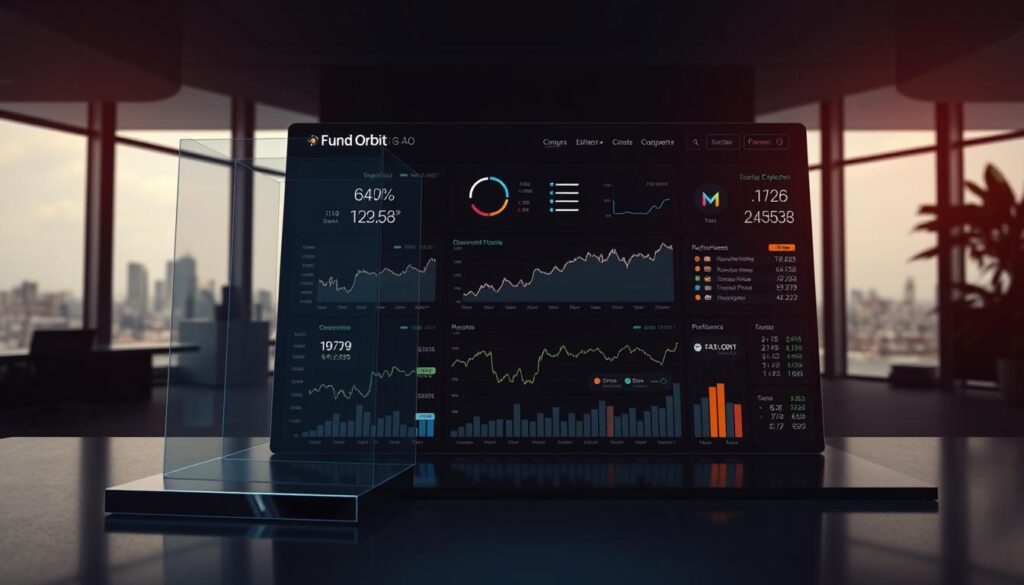 A sleek, modern cryptocurrency trading dashboard with detailed financial analytics and market insights. In the foreground, a sharp 3D holographic display shows real-time cryptocurrency price fluctuations, trading volumes, and performance indicators. The middle ground features a minimalist graphical user interface with clean lines and an intuitive layout, showcasing the "Fund Orbit" brand. The background is a dimly lit, high-tech office setting with large windows offering a cityscape view, creating a sense of sophistication and innovation. Dramatic studio lighting casts dramatic shadows, emphasizing the gravitas of the cryptocurrency market.