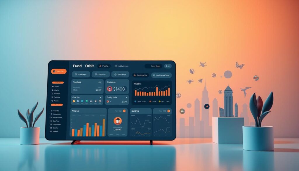A sleek, modern fintech interface showcasing the "Fund Orbit" passive income investment platform. In the foreground, a stylized dashboard displays a variety of investment options, charts, and performance metrics. The middle ground features stylized icons and illustrations representing different investment vehicles like stocks, bonds, and real estate. The background evokes a clean, minimalist aesthetic with subtle gradients and geometric patterns, creating a sense of digital sophistication. Warm, directional lighting illuminates the scene, casting subtle shadows and highlights to enhance the sense of depth and digital materiality. The overall mood is one of financial empowerment, technology-driven passive income, and a vision for the future of wealth management.