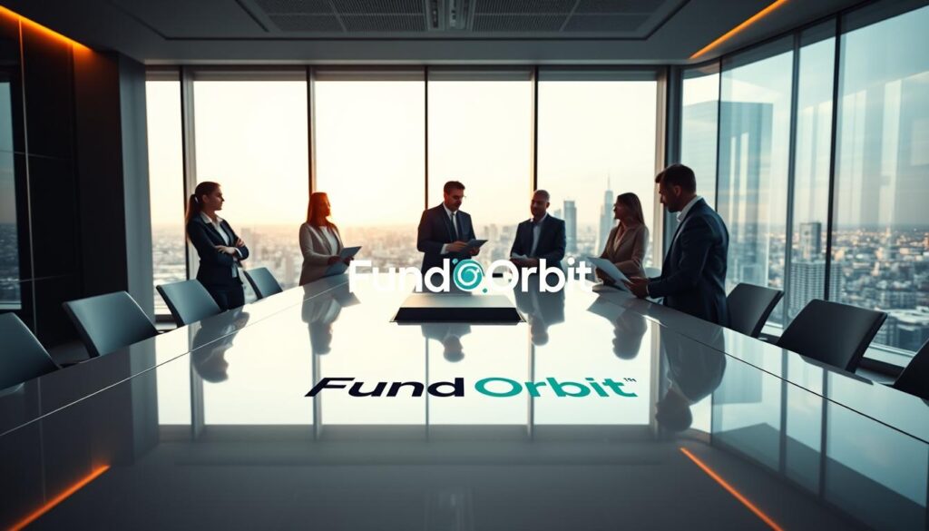 A sleek, modern office interior with large windows overlooking a cityscape. In the foreground, a group of professional investors gathered around a polished, minimalist conference table, discussing investment strategies on secure digital displays. On the tabletop, the "Fund Orbit" logo is prominently featured, signifying a reliable and trustworthy investment platform. The lighting is warm and inviting, creating a sense of confidence and stability. The background features a panoramic view of the city, symbolizing the global reach and opportunities offered by the investment platform. The overall atmosphere conveys a sense of professionalism, security, and financial expertise.