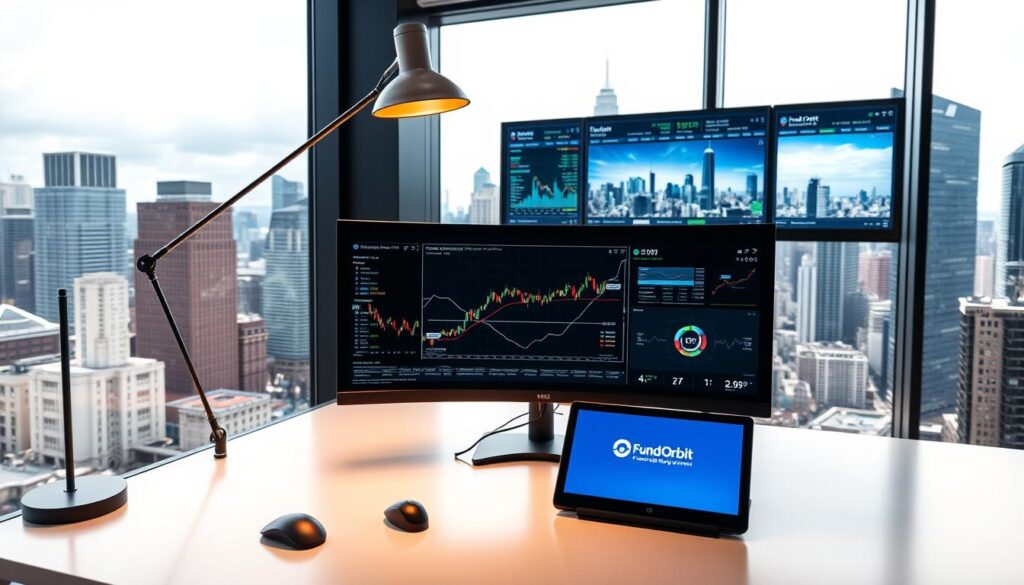 A sleek, modern office setting with large windows overlooking a bustling city skyline. In the foreground, a desk with a high-tech computer setup, including a curved ultrawide monitor, a wireless mouse and keyboard, and a tablet displaying the "Fund Orbit" logo. Overhead, a minimalist, adjustable lamp casts a warm, focused light on the workspace. In the middle ground, a wall-mounted display shows real-time stock charts and financial data, reflecting the technology-driven nature of modern investing. The background features a cityscape with towering skyscrapers, conveying the global scale and interconnectedness of the financial world. The overall atmosphere is one of efficiency, innovation, and the seamless integration of technology into the world of investing.