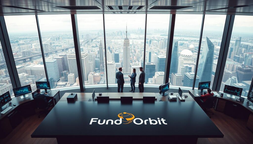 A sleek, modern office with floor-to-ceiling windows overlooking a bustling cityscape. In the foreground, an expansive desk features the prominent "Fund Orbit" logo, surrounded by state-of-the-art devices and screens displaying financial data. The middle ground showcases teams of financial analysts collaborating, discussing investment strategies. In the background, a panoramic view of the global financial centers, with skyscrapers and bridges connecting the world's leading economies. The lighting is warm and focused, creating a professional, authoritative atmosphere. The camera angle is slightly elevated, conveying a sense of scale and importance associated with the top global investment platforms.