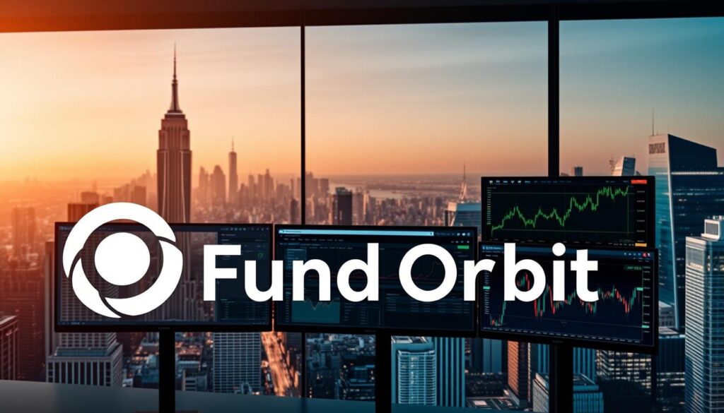 A sleek, modern stock trading platform comparison displayed on multiple high-resolution monitors. In the foreground, the "Fund Orbit" logo prominently featured, conveying a sense of trustworthiness and authority. The middle ground showcases various trading tools, charts, and analytics dashboards, all rendered in a clean, minimalist aesthetic. The background features a sophisticated cityscape, with skyscrapers and a vibrant, bustling financial district, hinting at the global scale and impact of these platforms. The lighting is a warm, subtle mix of directional and ambient, creating depth and emphasizing the advanced technology on display. The overall mood is one of professionalism, innovation, and the power of data-driven investment decisions.