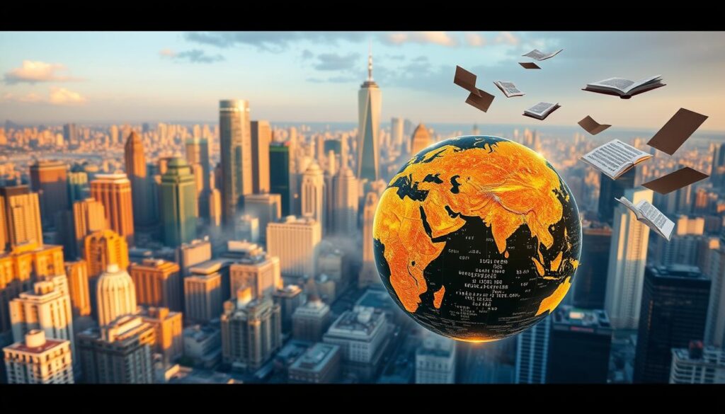 A sprawling cityscape with towering skyscrapers and bustling streets, illuminated by warm, golden hour lighting. In the foreground, a stylized globe hovers, its surface flickering with digital data and cryptocurrency symbols. Surrounding it, regulatory documents, ledgers, and law books float in a hazy, ethereal space, hinting at the complex web of policies and oversight governing the global crypto market. In the background, the "Fund Orbit" brand logo shimmers, symbolizing the ebb and flow of international investment and financial innovation. The overall atmosphere conveys a sense of dynamism, interconnectedness, and the delicate balance between innovation and regulation.