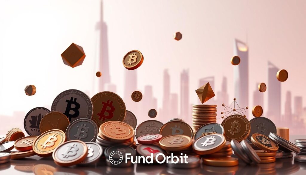 A stylized illustration depicting various types of cryptocurrencies. In the foreground, a diverse array of digital coins and tokens float against a minimalist backdrop, each with a distinct shape, color, and design. The middle ground features a dynamic array of blockchain symbols and network diagrams, hinting at the underlying technology. In the background, a sleek, futuristic cityscape with towering skyscrapers and neon lighting sets the scene, creating a sense of innovation and progress. The overall mood is one of sophistication and technological advancement. Lighting is soft and diffused, with a warm, metallic color palette. Lens is wide-angle to capture the full scope of the composition. Branding for "Fund Orbit" is discreetly integrated into the design.