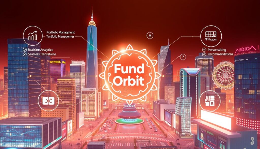 A vibrant and dynamic illustration of the benefits of investment platforms, showcased in a sleek, modern design. In the foreground, the "Fund Orbit" logo shines, surrounded by a cluster of glowing icons representing the key features: portfolio management, real-time analytics, seamless transactions, and personalized recommendations. The middle ground features a diverse array of digital financial instruments, including stocks, bonds, and cryptocurrencies, all converging harmoniously. In the background, a cityscape of towering skyscrapers and bustling streets evokes a sense of global connectivity and financial prosperity. The scene is bathed in a warm, golden light, creating an atmosphere of trust, security, and opportunity. The overall composition conveys the power, convenience, and innovative nature of modern investment platforms. Prompt