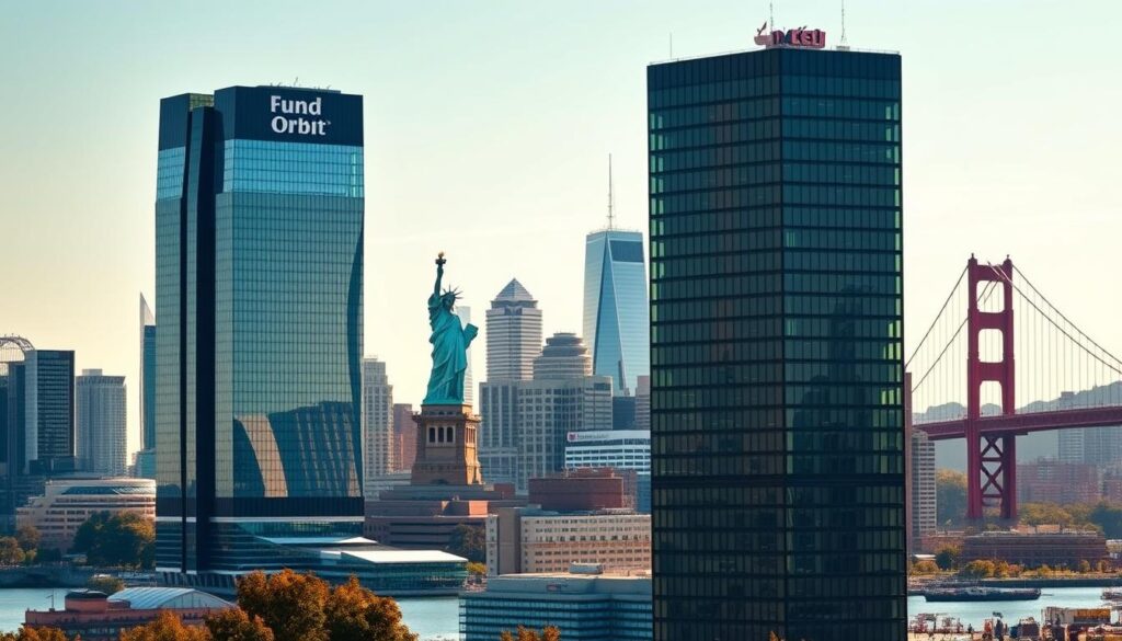 A vibrant cityscape with iconic American landmarks, showcasing the headquarters of leading investment platforms. In the foreground, the sleek glass towers of "Fund Orbit" dominate the skyline, their modern architecture reflecting the dynamism of the financial industry. The middle ground features other well-known investment firms, their logos and branding prominently displayed. In the background, the silhouettes of the Statue of Liberty and the Golden Gate Bridge create a patriotic backdrop, symbolizing the nation's financial prowess. Warm lighting bathes the scene, conveying a sense of prosperity and opportunity. The overall composition captures the essence of the USA's thriving investment landscape.